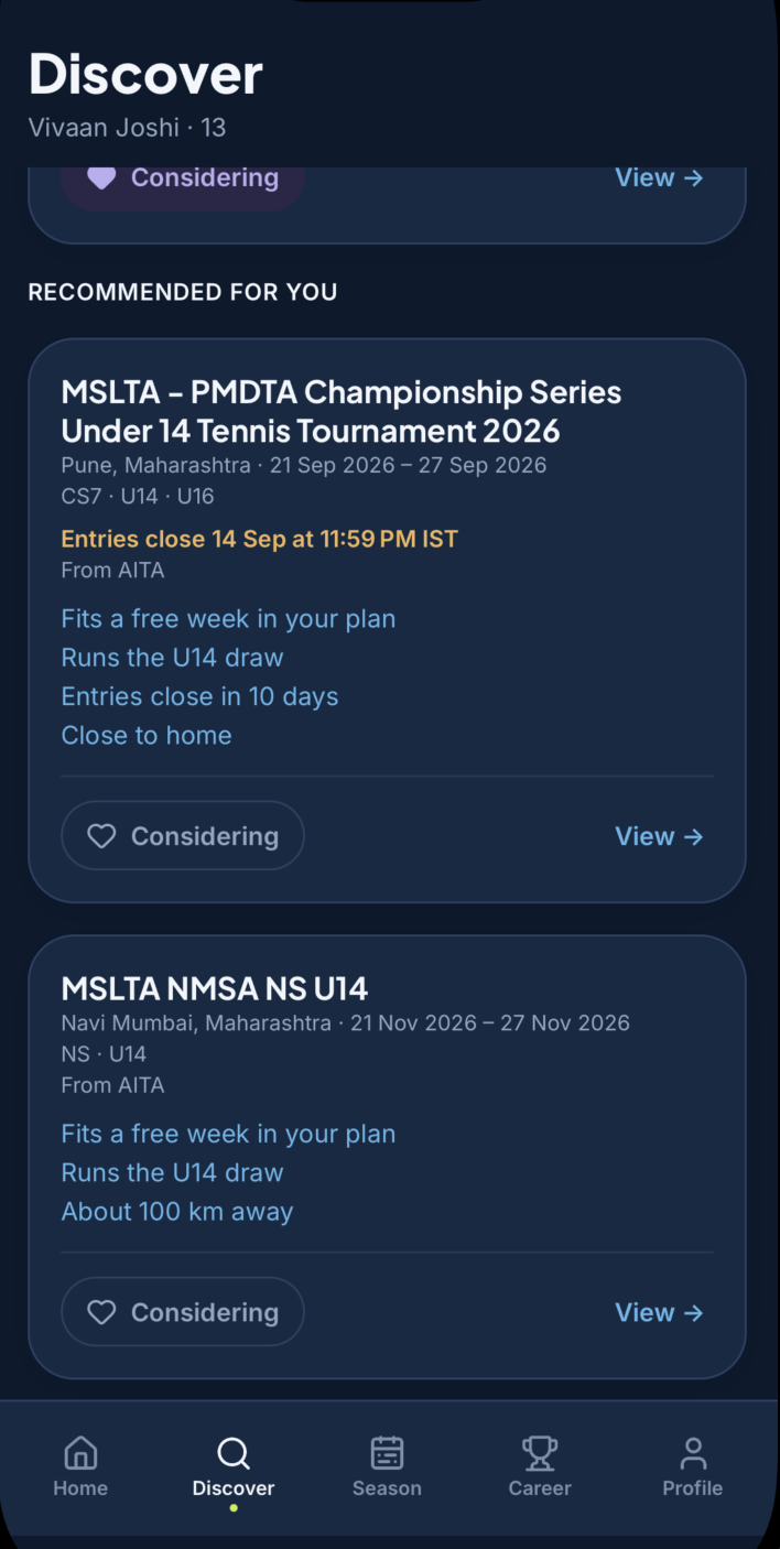 TenniTrip tournament recommendations